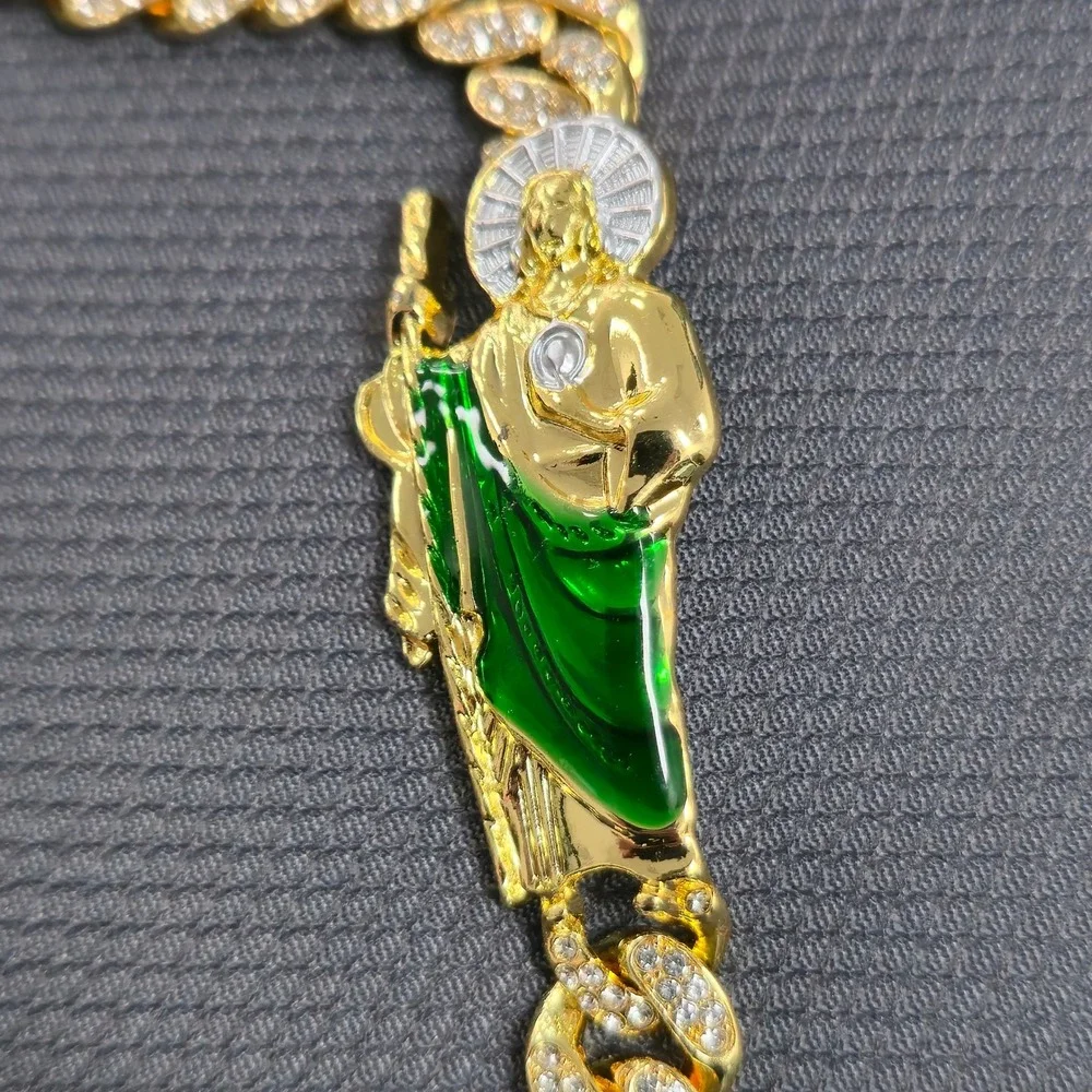Gold Iced Out Cuban Link Chain San Judas Saint Jude Pendant Necklace 20 Inch New